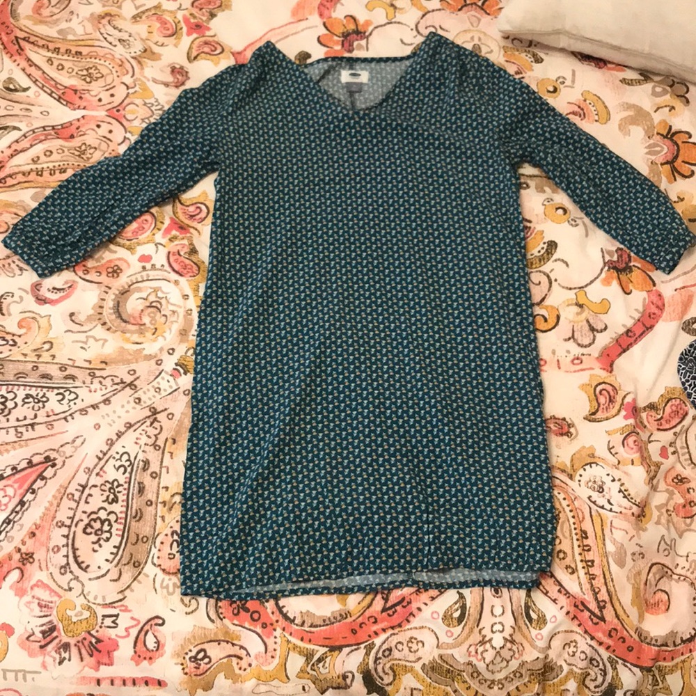 Old Navy Teal Blue Green Printed Shift Dress 3/4